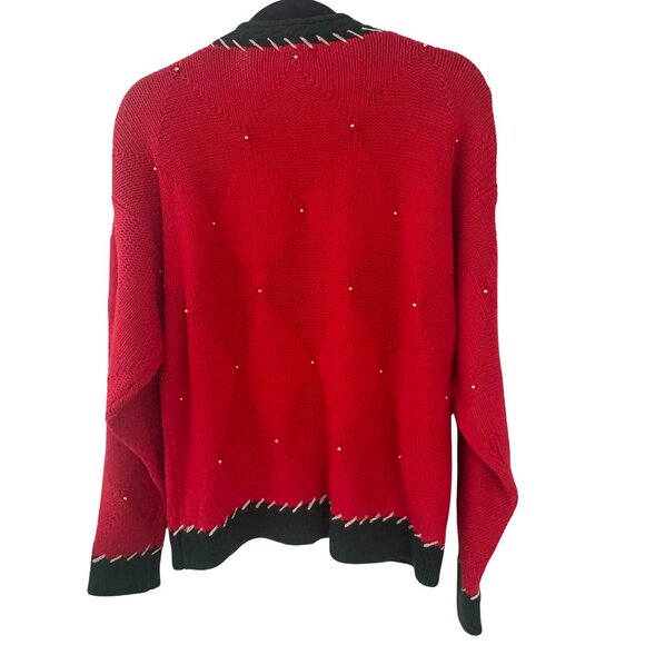 Vintage PBJ Sport Red Holiday Cardigan Green Trim Gold Accents Buttons Medium - Picture 3 of 7